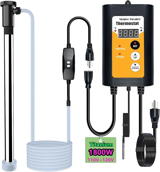 1800W Titanium Immersion Water Heater for Pool And Hot Tub, with Gfci Plug/Thermostat For Bathtub, Inflatable Hot Tub, Small Above Ground Pools, Baptistry, Baptismal Pool Heater