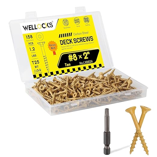 WELLOCKS Deck Screws, Wood Screws, Tan, Superior Rust Resistant, Epoxy Coated, Above 1000 Hour Salt Spray Coating T25 Torx Star Bit Included for Outdoor Wood Fence (1.2LBS Tan, #8×2")