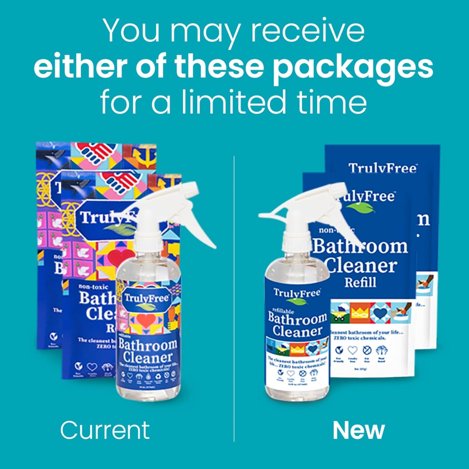 2-Pack TrulyFree Bathroom Cleaner - Cleaning Spray, for Toilet, Sink, Tub, Shower - Includes: 16-oz Spray Bottle, One refill pouch used for initial fill and one pouch for Refill when needed (3 oz)
