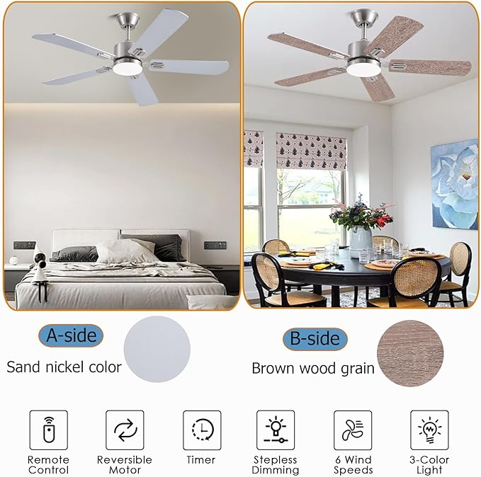 52inch Ceiling Fans with Lights and Remote/App Control, Double-Side Blades, Dimmable LED, Reversible DC Motor, Noiseless, Modern Low Profile Ceiling Fan for Indoor/Outdoor Use (Nickel)