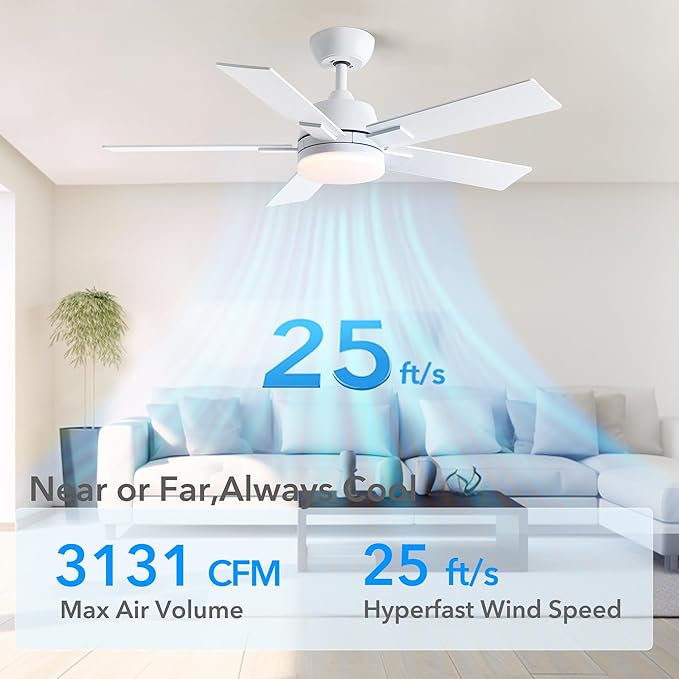 42 Inch Ceiling Fans with Lights and Remote, White Ceiling Fan with 5 Blades, 6 Speed Reversible DC Motor, 3CCT Dimmable LED, Modern Design for Bedroom, Living room & Covered Outdoor,Includes Downrod