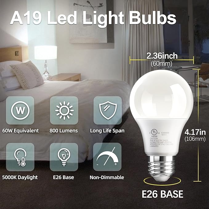 TJOY 6 Pack A19 LED Light Bulbs 60 Watt Equivalent, Daylight White 5000k, Efficient 9W, E26 Standard Base, Non Dimmable Energy Saving Bright White Light Bulb for Home, 800LM, 80 CRI, 120V, UL Listed