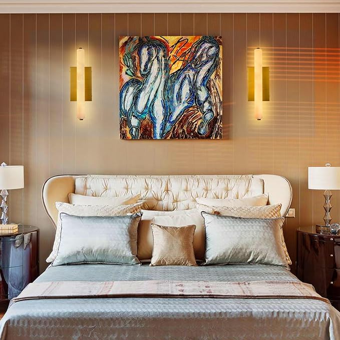 Alabaster Wall Sconces Set of Two, 15in Brass Alabaster Sconce, Modern Spanish Natural Marble Sconces Lights, Rectangle Gold Sconces for Bathroom Vanity Bedroom Living Room Staircases Hallway