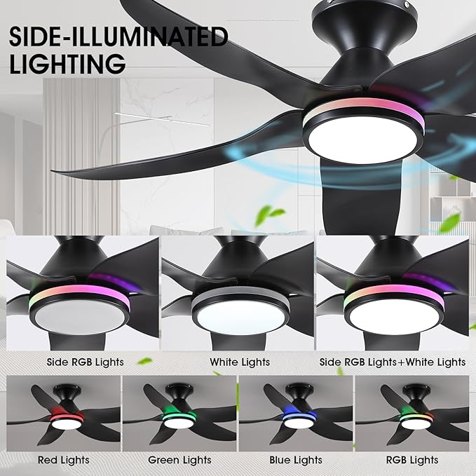 46" Ceiling Fans with Lights Remote/APP Control, Low Profile Ceiling Fans with Dimmable White Colors+Ring RGB Lights, 6 Speeds 5 Reversible Curved Blades for Kids Room Bedroom Living Room Bar, Black