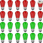 24 Pack Red Green S14 Christmas Light Bulbs, 1 Watt Plastic Shatterproof LED Replacement Bulbs for Indoor Outdoor Patio String Light, E26 Medium Base.