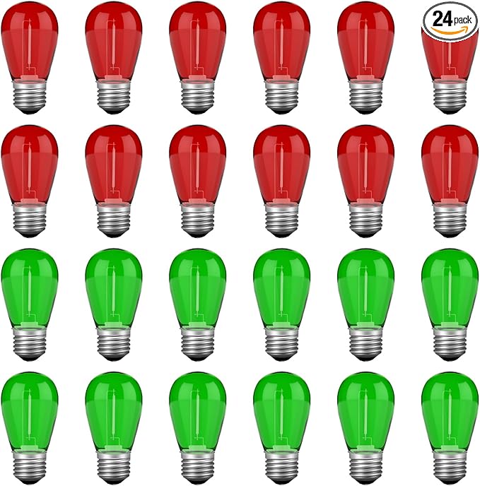 24 Pack Red Green S14 Christmas Light Bulbs, 1 Watt Plastic Shatterproof LED Replacement Bulbs for Indoor Outdoor Patio String Light, E26 Medium Base.