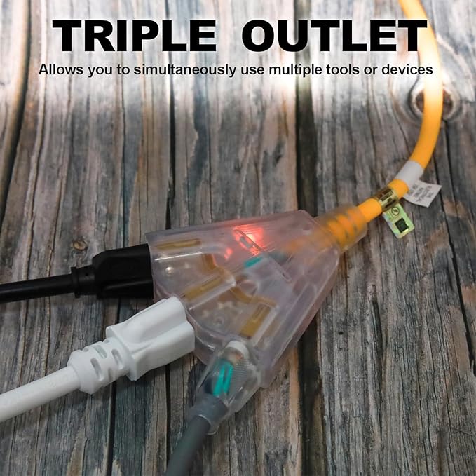 EP 15 Ft 14/3 SJEOW Heavy Duty Outdoor Extension Cord, Yellow 3-Outlet Power Cable with LED Lighted Plug, Water-Resistant for Indoor/Outdoor Use, Lawn, Garden, Appliances & Tools