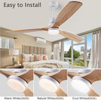 56" Wood Ceiling Fan with Light and Remote Control, Indoor Outdoor Wooden 3 Blades Ceiling Fan for Patio Living Room, Bedroom, Office,Reversible DC Motor