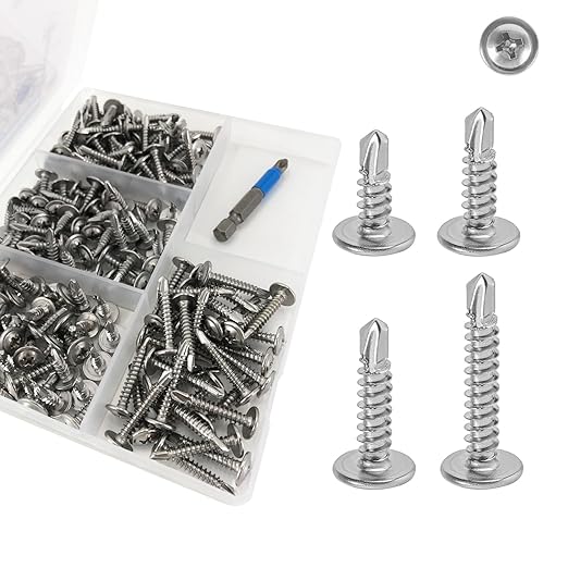 QSJ 158PCS #8 Sheet Metal Screws Set 410 Stainless Steel Truss Head Fast Self Tapping Screws with Screwdriver Bit Silver