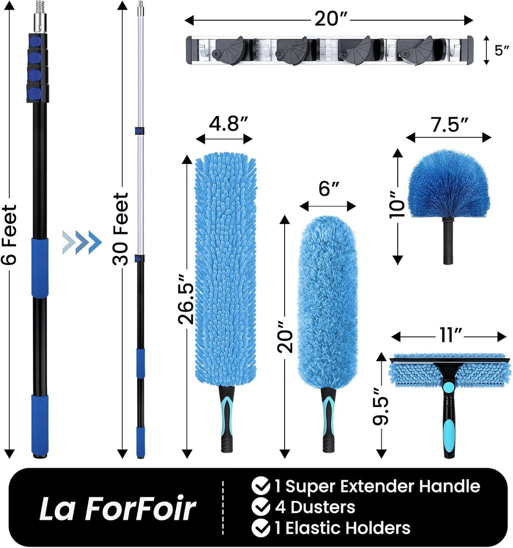 36ft High Ceiling Duster Kits with 5-30ft Heavy Duty Extension Pole - Fan Blade Cleaner, Cobweb Remover & Blue Window Squeegee Kit, Washable Dust Brush for High Roof and Glass Surfaces