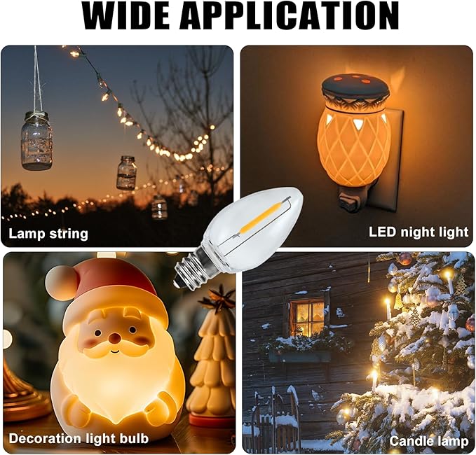 C7 Christmas Light Bulbs 0.6W 2700K Soft White E12 Base Replacement LED Bulb Indoor Outdoor Night Light 25 Pack