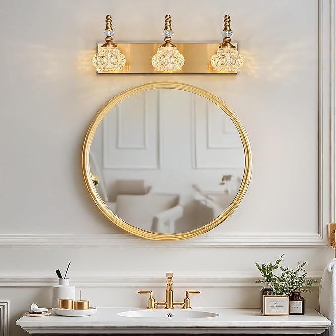 Modern Glass Crystal Vanity Light - Vintage Bathroom Lighting Fixtures Over Mirror, 3 Light Vanity Lights G9 Bulb (19.68 Inch, Gold)