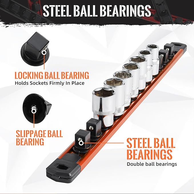 Renietco Magnetic Socket Organizer, 3-Piece Heavty Duty Aluminum Socket Holder, Socket Rail for Tool Box, Premium Quality 360° Swivel Socket Rack Kit with 40 Clips for 1/2, 3/8, 1/4-Inch(Orange)