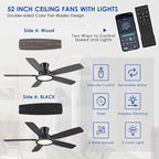 52" Flush Mount Ceiling Fan with Lights and Remote - Black Modern Ceiling Fan, Reversible and 5 Dual-Sided Blades, Low Profile Fan Light for Indoor Bedroom, Covered Patios