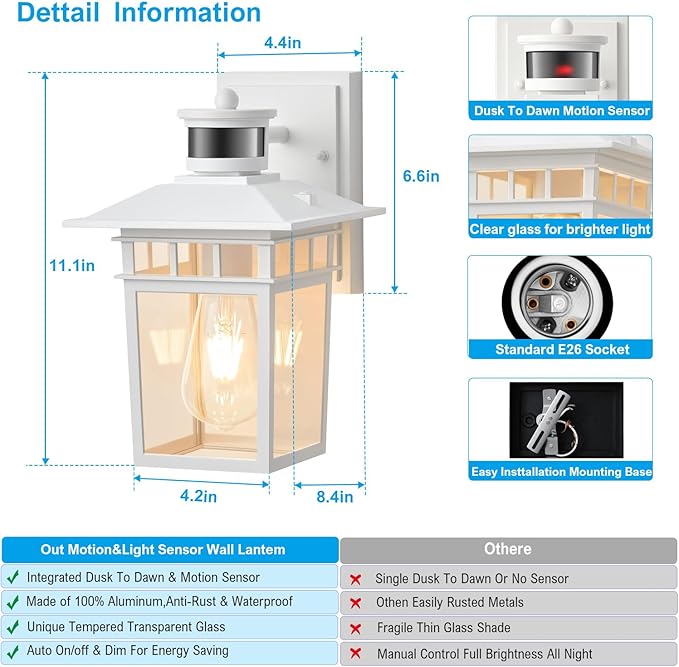 HIFEELE 2 Pack Motion Sensor Outdoor Lights Wall Mount Lantern, White Dusk to Dawn Outdoor Lighting, Anti-Rust Waterproof Exterior Light Fixture with Tempered Glass for House Porch Garage Entryway