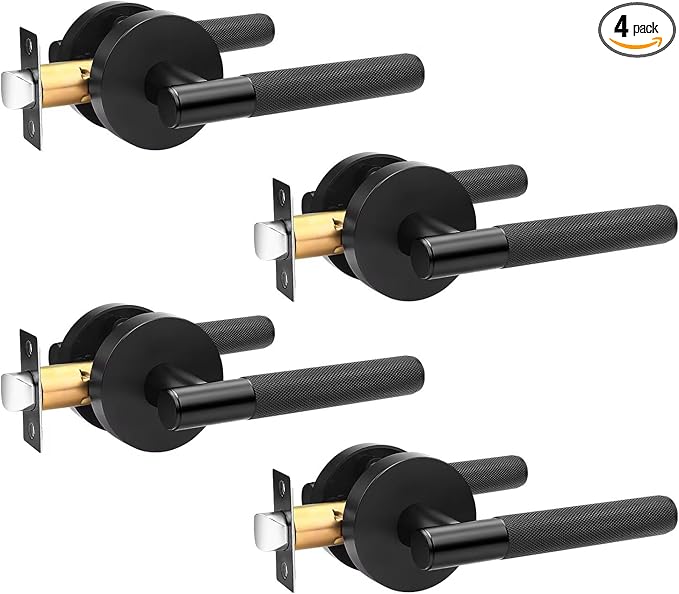 4 Pack Passage Knurled Door Handle Interior, Matte Black Door Lever for Closet and Hallway Doors, Modern Round Reversible Non-Locking Handle Lever