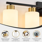 Black and Gold Bathroom Light Fixtures, 5-Light Modern Vanity Light Over Mirror, Wall Sconces with Milky White Frosted Glass Shades, E26 Socket (Bulbs Not Included)