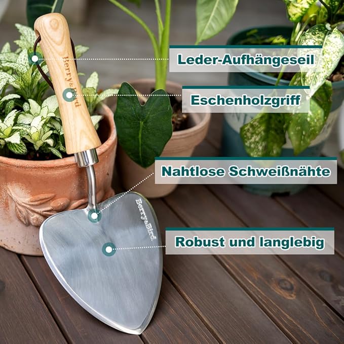 Berry&Bird Perennial Trowel, Oversized Garden Potting Trowels with Sharp Blade Wood Hand Shovel, Stainless Steel Planting TSpade Gardening Tool for Roots,Digging,Transplanting
