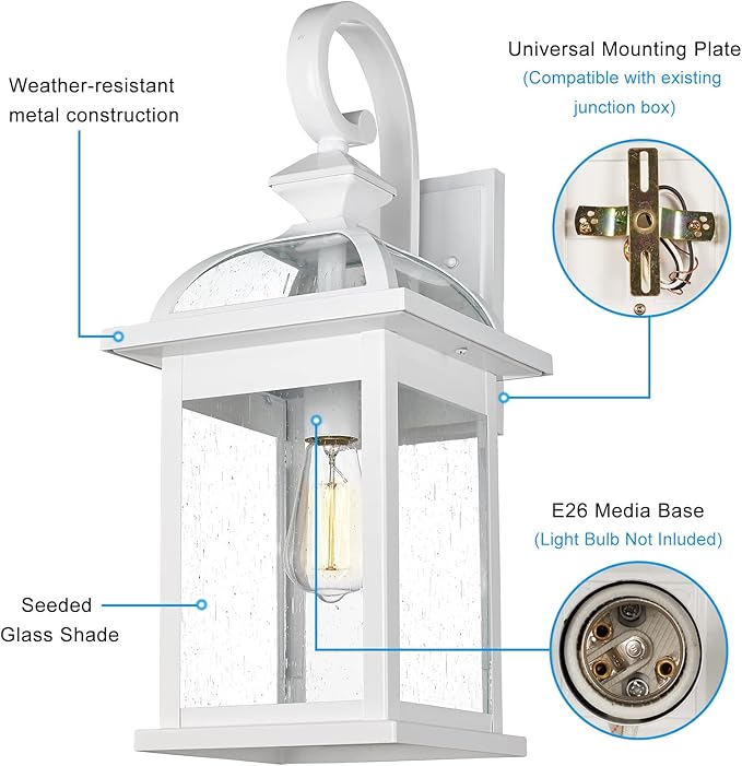 Darkaway Outdoor Lights Fixtures Wall Mount, Large 22inch Outdoor Wall Sconce Lights with Seeded Glass Waterproof Outside Exterior Lights Fixture for House Front Porch Patio （Large, White）