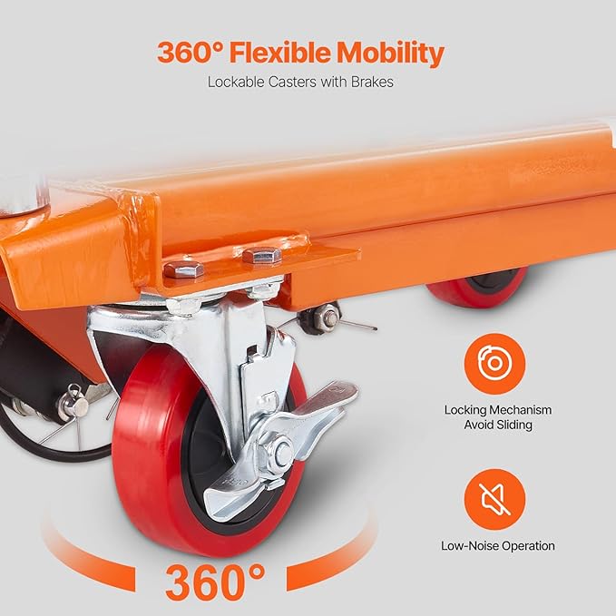 VEVOR Hydraulic Lift Table Cart, 330lbs Load Capacity 50 Inch Lifting Height, Manual Single Scissor Lift Table with Non-Slip Pad and 4 Wheels, Hydraulic Scissor Cart for Material Handling, Orange