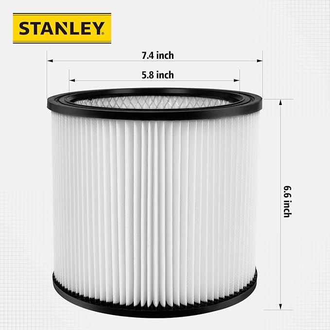 Stanley 08-2501 High Efficiency Shop Vac Filters, Replacement Cartridge Filter Fit for Most 5-18 Gallon Wet Dry Vacuum Cleaners, Shop Vacuum Wet and Dry Accessories Replacement Parts, 08-2501