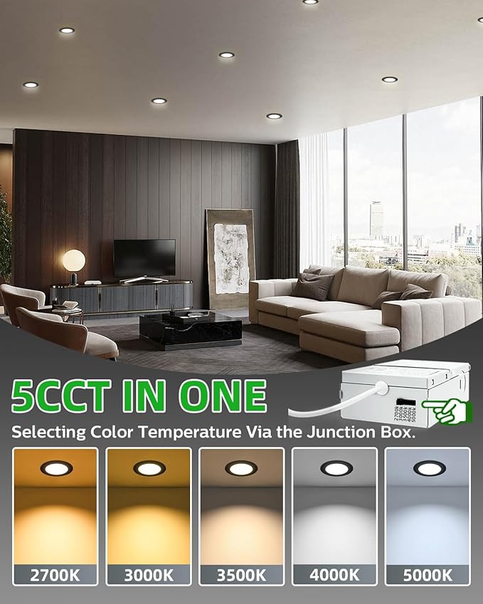 zouzai 16 Pack 4 Inch 5CCT Reset,Black LED Recessed Lights Dimmable 2700K/3000K/3500K/4000K/5000K, 9W Ultra Thin Recessed Lighting - ETL and Energy Star Certified