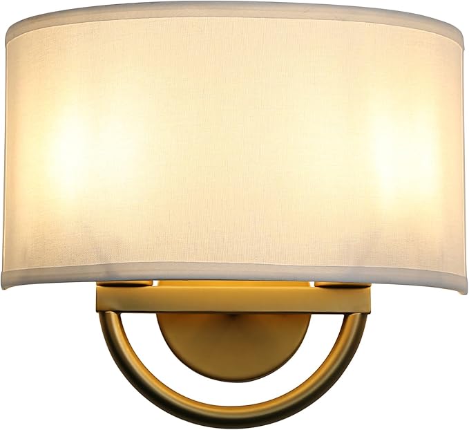 Industrial 2-Lights Wall Sconce Fixture with White Fabric Shade, Double Arm Wall Light Lamps Decor for Hallway Bedroom Living Room Bathroom Stairway