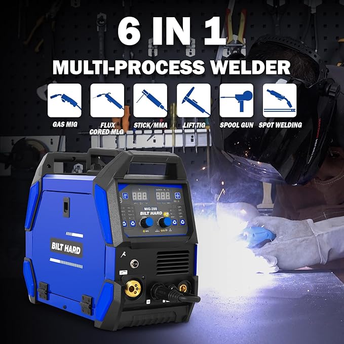 BILT HARD Aluminum 200A MIG Welder, 110V/220V MIG/Flux Core MIG/Lift TIG/Stick/Spot Welding/Spool Gun Compatible 6-In-1 Welding Machine w/IGBT Inverter, Multi-Process Welder