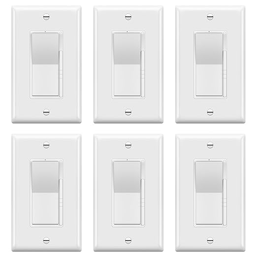 TOPGREENER Dimmer Light Switch, LED Dimmer Switches for 300W Dimmable LED/CFL Lights and 600W Incandescent/Halogen,Full Range Dimming, Single Pole/3-Way, Wall Plate Included, UL Listed, 6 Pack,White