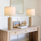 PoKat 27" Stone-Like Farmhouse Ceramic Table Lamps Set of 2 for Bedroom, Boho Nightstands Lamps for Night Stands, Distressed Beige Bedside Lamps with Natural Textured for Living Room, Sand-Colored