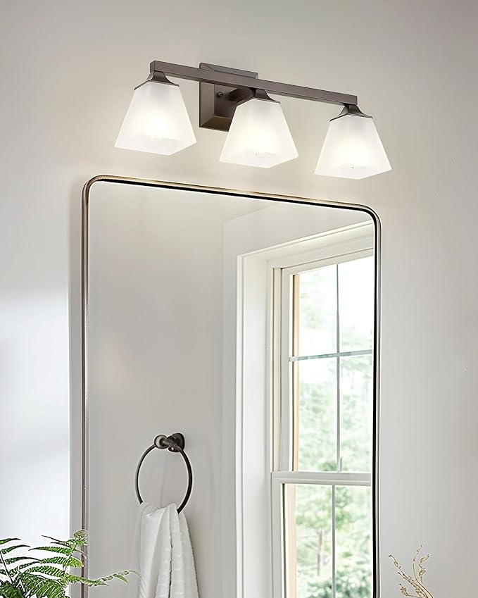 Bathroom Lighting Fixtures, HWH 3-Light Vanity Light Fixture Over Mirror, Farmhouse Wall Sconce Lighting with Frosted White Square Bell Glass, Oil-Rubbed Bronze Finish, 5HY68BG1-3W ORB