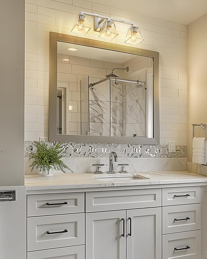 Modern Bathroom Light Fixture, HWH 3-Light Bathroom Light Fixtures Brushed Nickel Wall Vanity Light, Vanity Wall Lamp with Square Bell Glass Shade, 5HY68B-3W BN