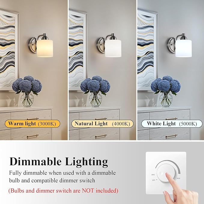 Brushed Nickel Milk Glass Wall Sconces, 1 Pack Hardwired Indoor Wall Light Fixtures for Living Room, Hallway, Bedroom, Ceramic E26 Sockets (Bulbs Not Included)