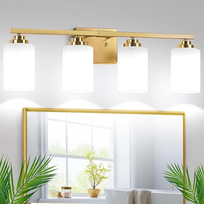 4-Light Bathroom Light Fixtures, 27" Modern Vanity Lights Over Mirror with Milky White Glass Shade, Gold Wall Sconce, Classic Wall Light Fixture for Mirror Living Room Cabinet Bedroom Porch Kitchen