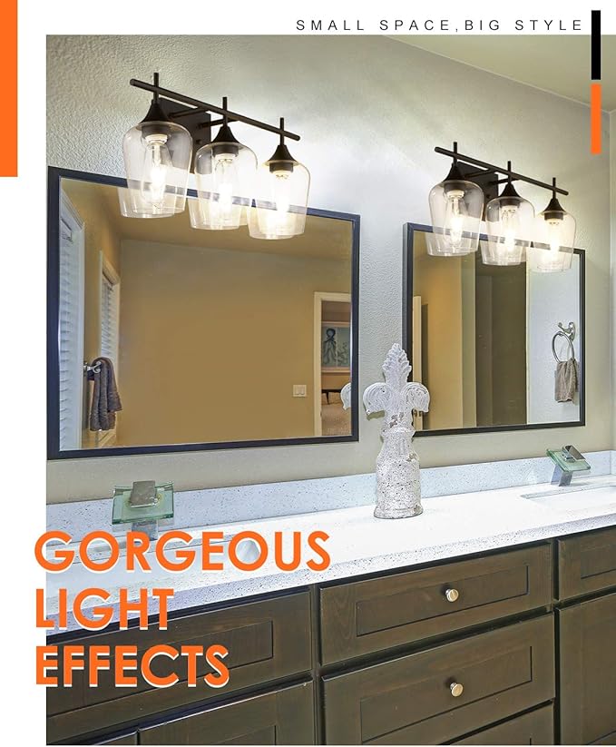 21" Bathroom Lighting Fixtures Over Mirror, 3-Light Oil Rubbed Bronze Vanity Lights Farmhouse Bath Wall Sconce with Clear Glass for Bath, WL9167-3A