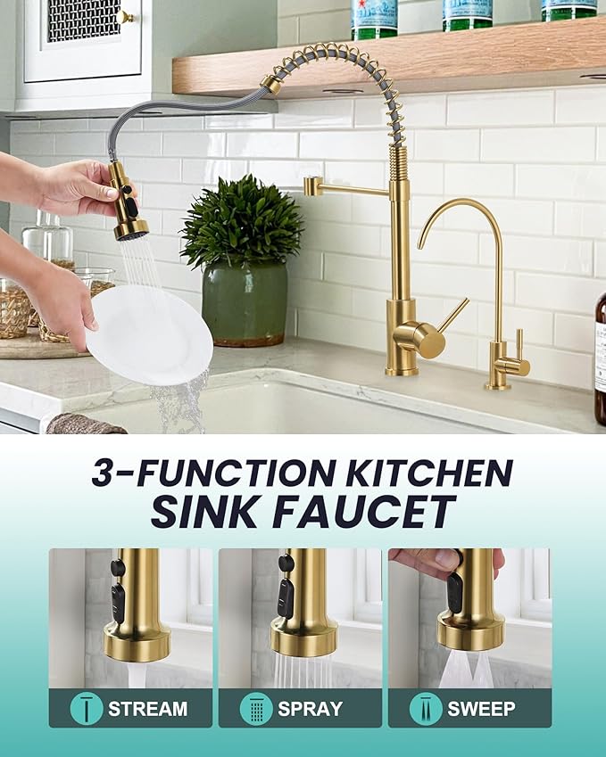 Kitchen Faucet and Water Filter Faucet: Brushed Gold Kitchen Sink Faucet with Drinking Water Faucet - Stainless Steel Single Handle Tap with Pull Down Sprayer for Kitchen Sink Farmhouse Bar