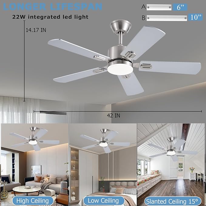 42 inch Modern Ceiling Fans with Lights APP/Remote Control, Low Profile Reversible 6 Speeds Dimmable Ceiling Fan Light for Indoor/Outdoor Bedroom Living Room（Nickel）