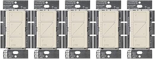 Lutron Caseta Original Smart Dimmer Switch (Lutron Smart Hub Required), for LED Lights, 150 Watt, Single-Pole/3-Way, No Neutral Required, PD-6WCL-LA, Light Almond, 5 Pack