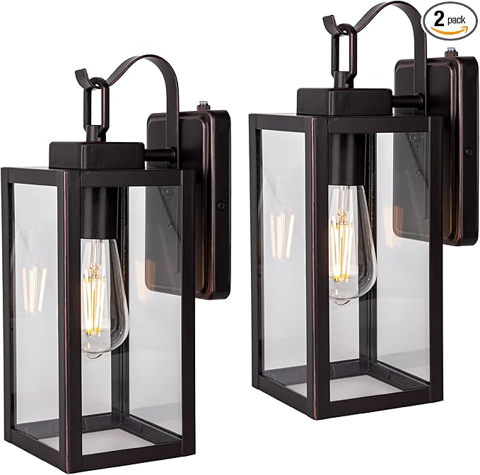 LIT-PaTH Dusk to Dawn Outdoor Wall Lantern, Wall Sconce as Porch Lighting Fixture, E26 Medium Base Max 60W, Anti-Rust Metal with Glass Shade, Oil Rubbed Bronze Finish, 2-Pack