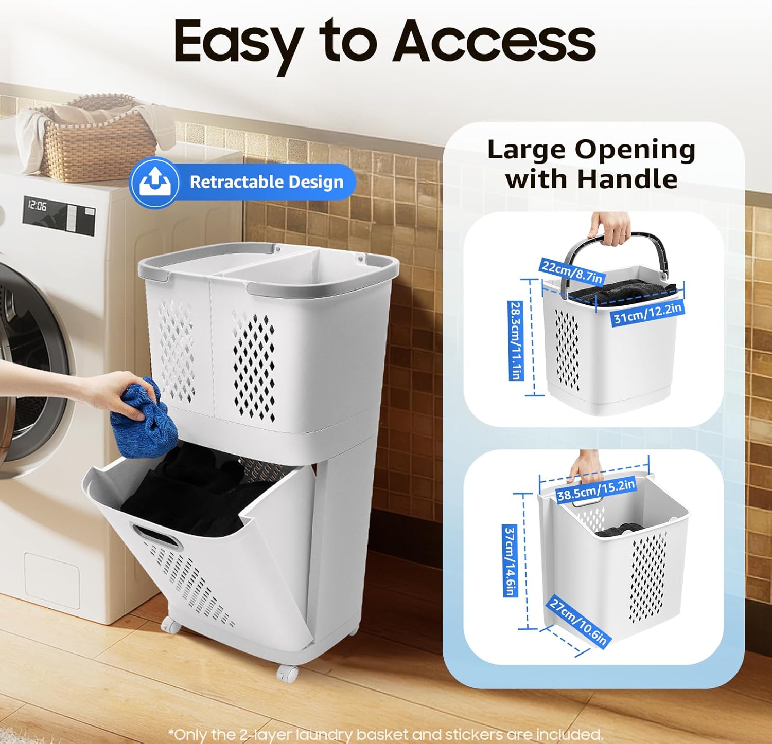 Movable Household Laundry Basket,2 Tier Laundry Hamper Basket Sorter with Wheels&Handle,Large Hand-Held Laundry Basket Clothes Storage Organizer for Bathrooms Bedrooms