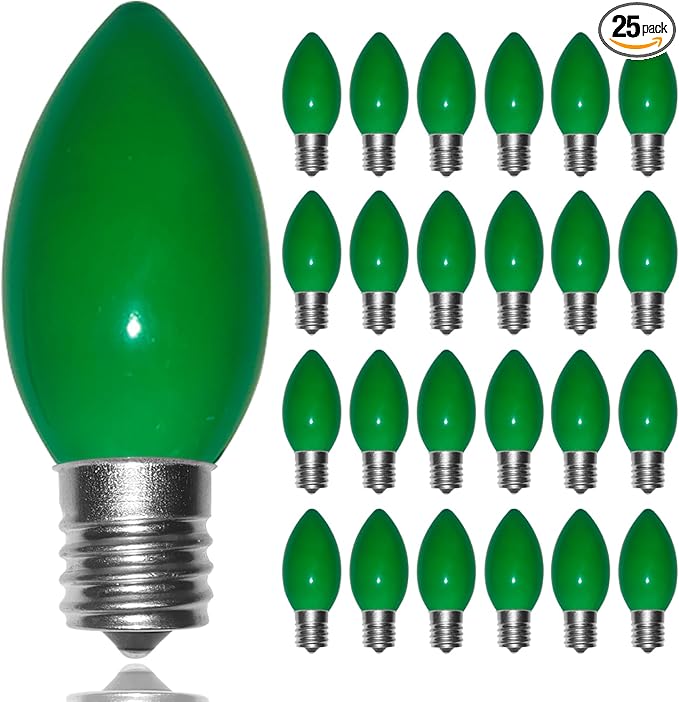 C9 Green Christmas Light Replacement Bulbs, 25 Pack Ceramic Green Incandescent Light Bulbs Vintage Light Bulbs for Outdoor Christmas Lights St Patricks Day Lights, E17 Intermediate Base- 7 Watts