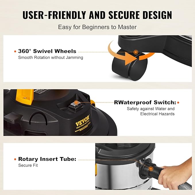 VEVOR Stainless Steel Shop Vac Wet and Dry Vacuum Cleaner 5.5 Gallon 6 Peak HP - Powerful Suction with Blower Function & Attachments 2-in-1 Crevice Nozzle - Perfect for Car Carpet Debris Pet Hair