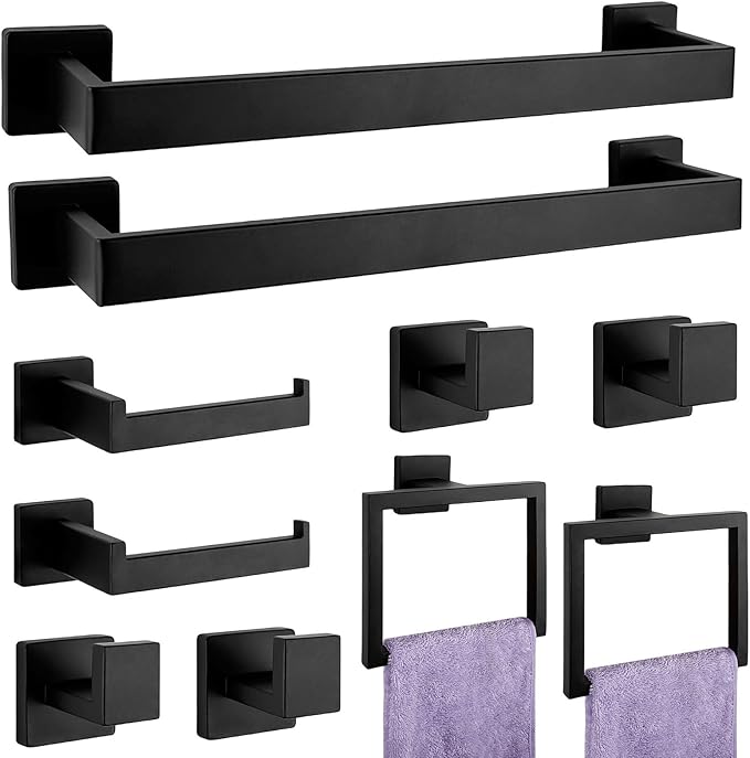 Bathroom Accessories Towel Bar Set: 10 Pieces Matte Black Bathroom Hardware Square SUS304 Stainless Steel - Wall Mounted Towel Rack&Toilet Paper Holder&Towel Ring and Towel Hook