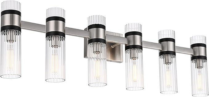 MELUCEE 6 Light Black Vanity Lighting Fixture with Ribbed Clear Glass Shade, Vanity Bathroom Light Fixture Over Mirror Industrial Wall Mounted Sconces Lighting, E12 Base