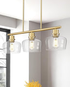 Emak Gold Kitchen Island Lighting, 3-Light Dining Room Light Fixtures Over Table with Clear Glass Shade, Modern 32 Inch Island Lights for Kitchen, Dining Room, Bar, IL122-GD-CG-3