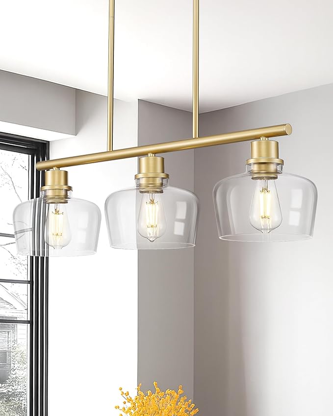 Emak Gold Kitchen Island Lighting, 3-Light Dining Room Light Fixtures Over Table with Clear Glass Shade, Modern 32 Inch Island Lights for Kitchen, Dining Room, Bar, IL122-GD-CG-3