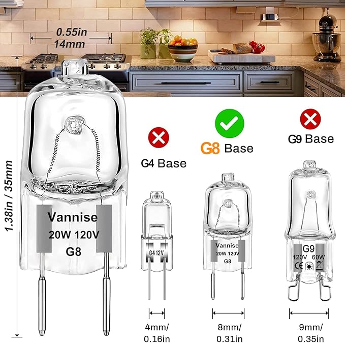 G8 Halogen Bulb 20W Warm White- 10 Pack Long Lasting G8 Bulb 120V 20W, Halogen Bulbs 2 Pin G8 Dimmable for Under Cabinet Puck Lighting Replacements, G 8 Light Bulb with G 8 Base