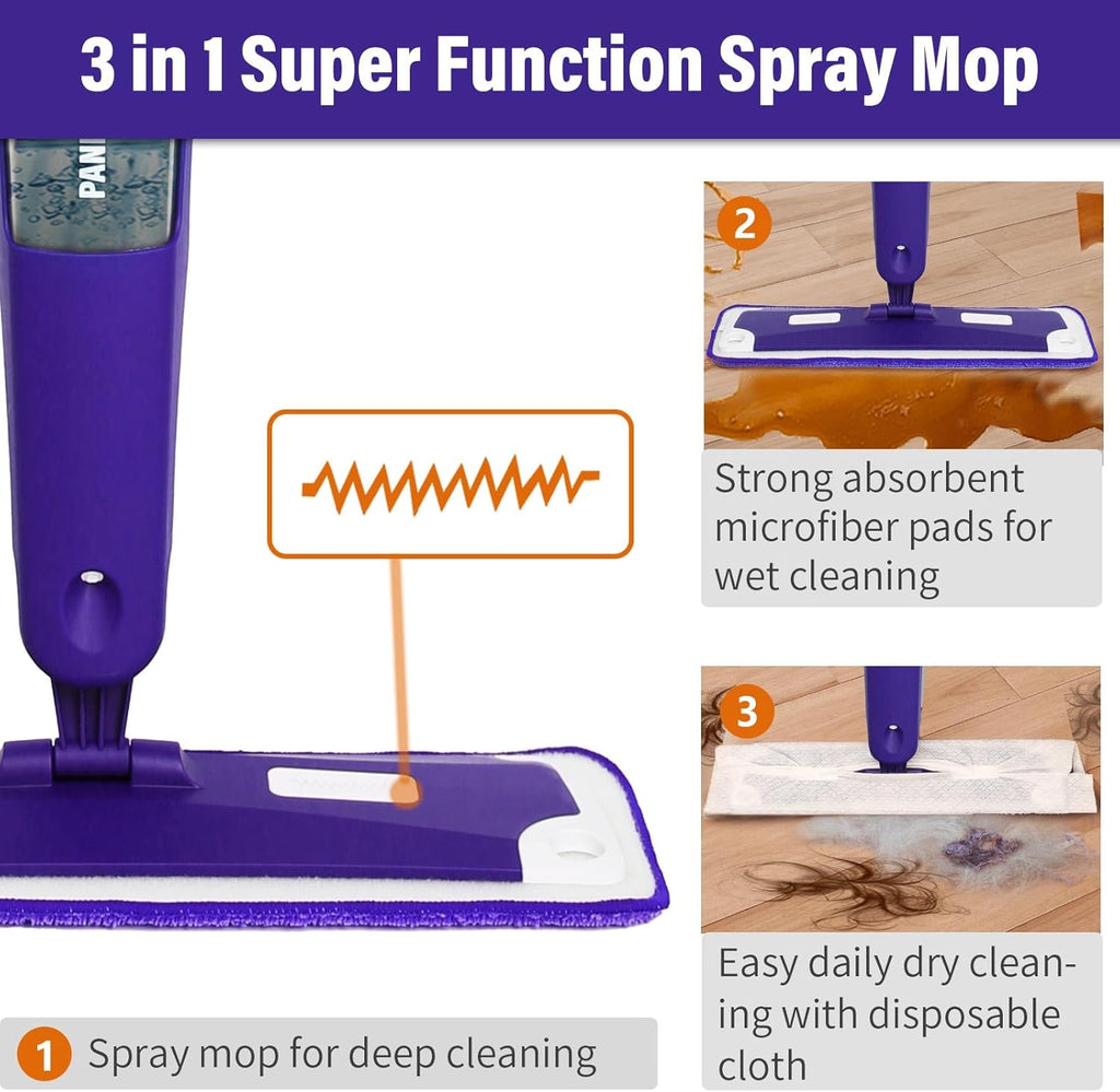 Mops for Floor Cleaning, Wet and Dry Spray Mop with Refillable Spray Bottle and 3 Washable Microfiber Pads Home or Commercial Use Flat Mop for Hardwood Laminate Wood Ceramic, Purple