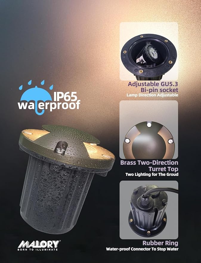 MALORY Brass Top Cover Landscape Well Lights,(5''H) 12V Low Voltage Outdoor In Ground Lights,Landscape Lighting for Pathway, Driveway and Garden (Two-Direction Turret, 4-Pack with Bulb)