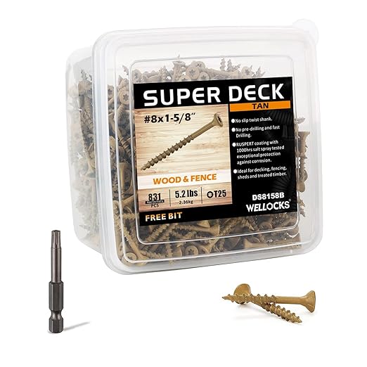 WELLOCKS Deck Screws, Wood Screws, Tan, Superior Rust Resistant, Epoxy Coated, Above 1000 Hour Salt Spray Coating T25 Torx Star Bit Included for Outdoor Wood Fence (5.2LBS Tan, #8×1-5/8")